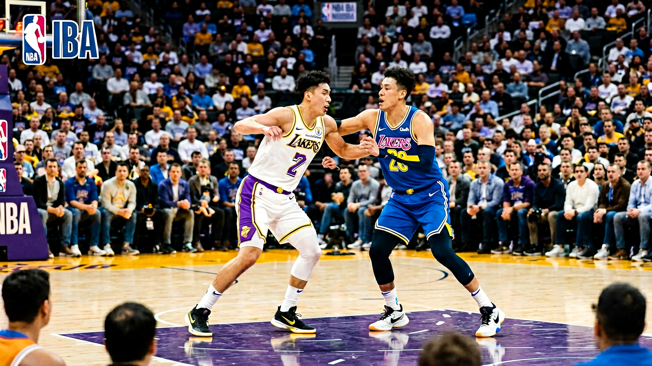 NBA常规赛湖人队对阵勇士队的比赛现场，球员在球场上激烈争夺